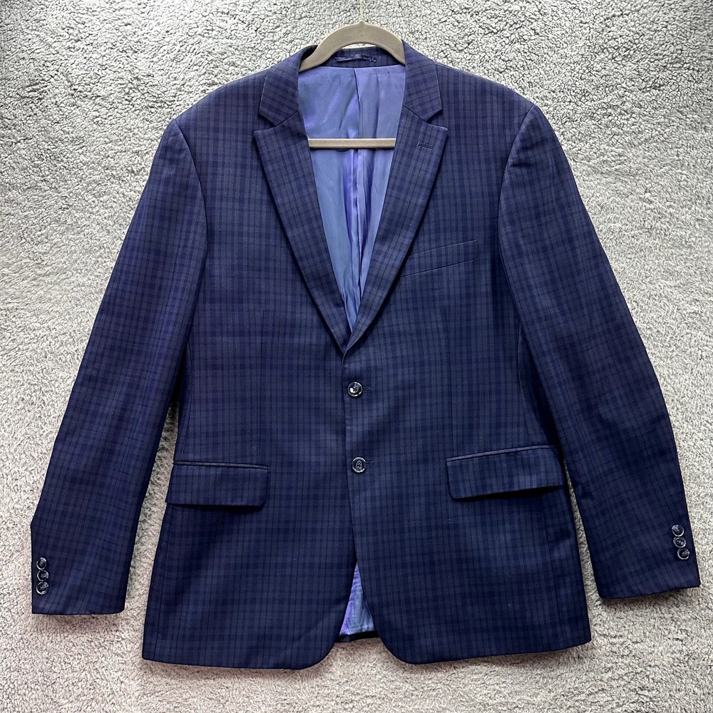ZeGarie Uomo Men's 42R 100% Wool Silk Lined Blue Gray Plaid Blazer Jacket Formal